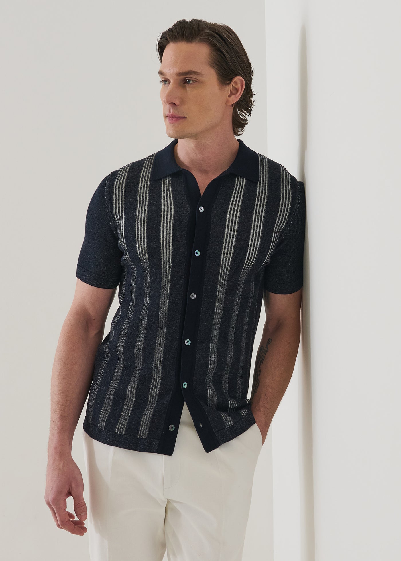 Patrick Assaraf Cotton Textured Button Up Knit Shirt