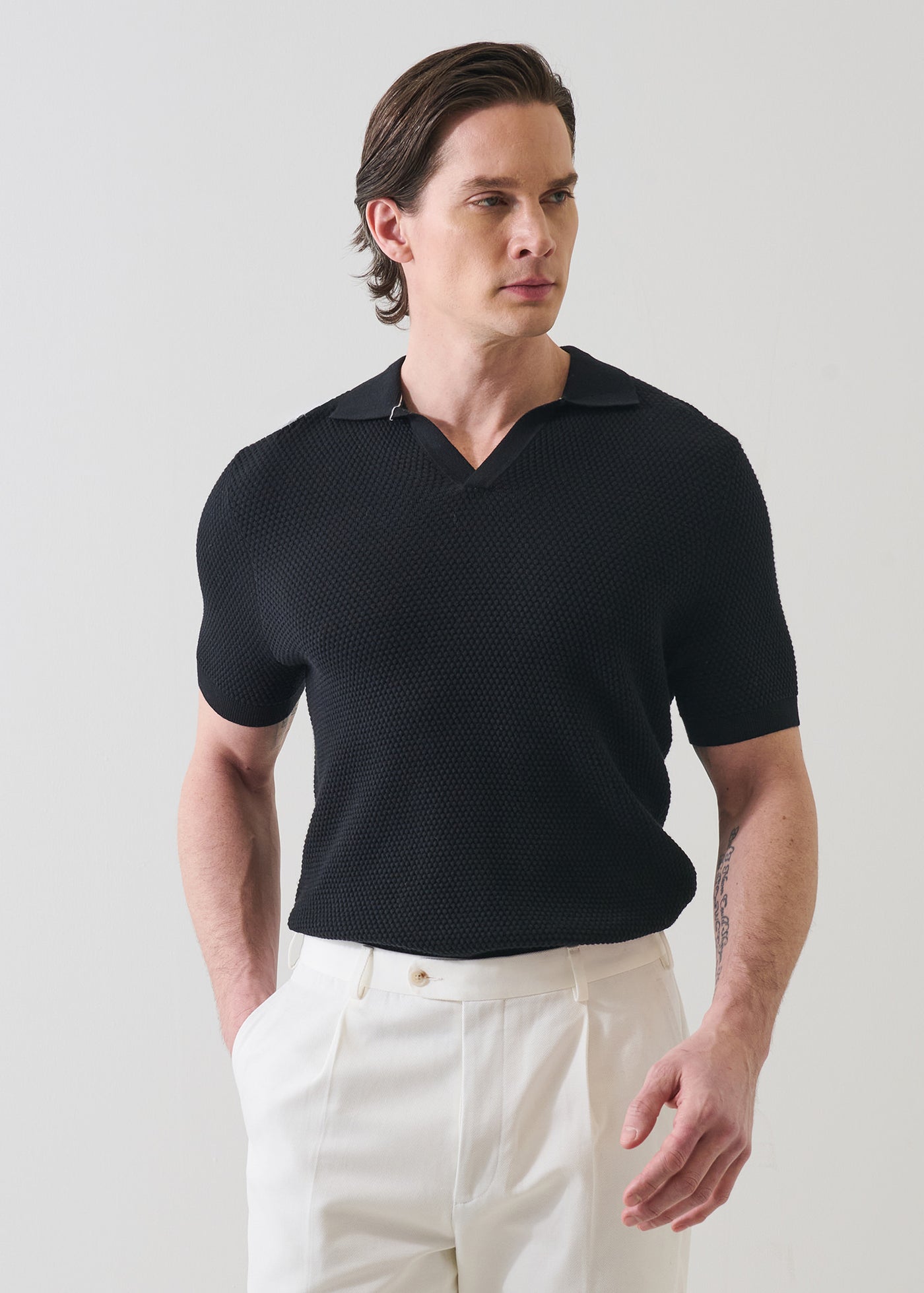 Patrick Assaraf Cotton-Blend Bubble Stitch Knit Open Polo