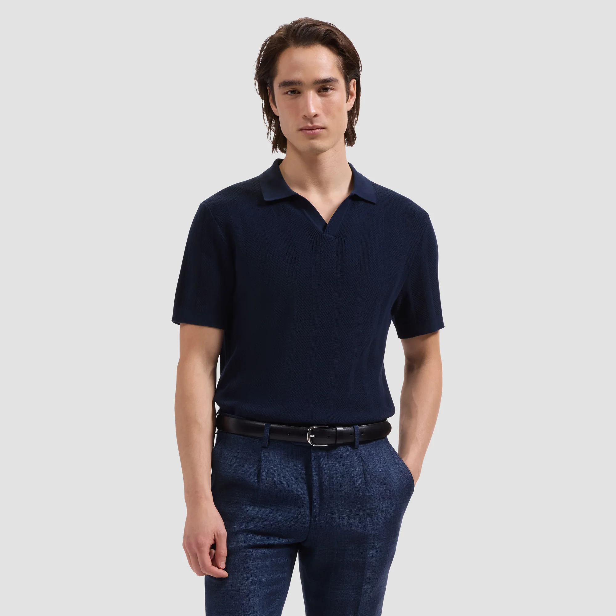 Bugatchi Textured Stripe Johnny Collar Short-Sleeve Sweater